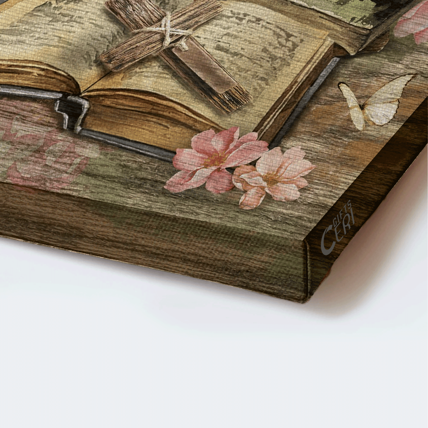 Jesus Landscape Canvas - Pink azalea, Bible books, Rugged cross Landscape Canvas - Gift For Christian - Be still I am God Landscape Canvas