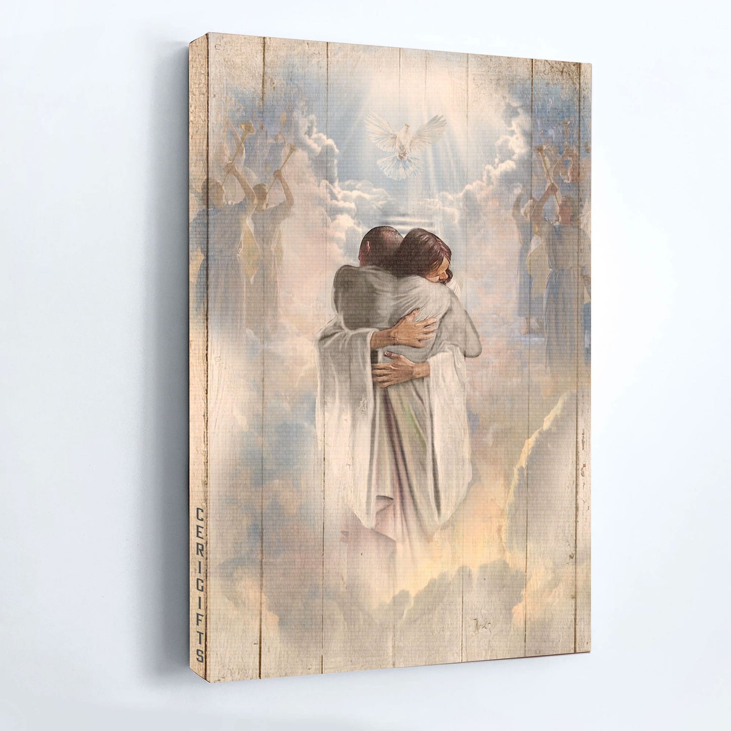 Jesus Christ Portrait Canvas - Beautiful heaven Painting Canvas, Holy spirit, Dove, Faith, God, Man hugging Jesus in heaven Canvas - Wall Decor Framed
