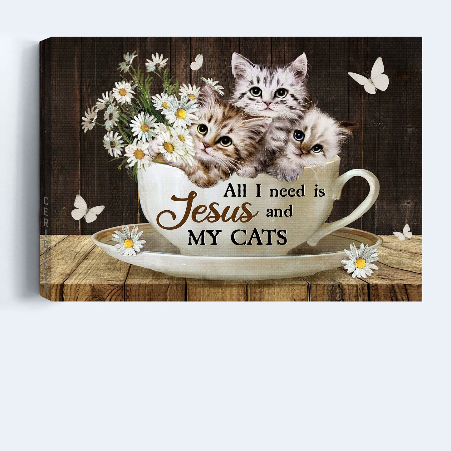 Jesus And Cat Landscape Canvas - White Cat Drawing, Daisy Flower, Tea Cup Canvas - Gift For Christian, Cat Lovers - All I Need Is Jesus And My Cats Canvas