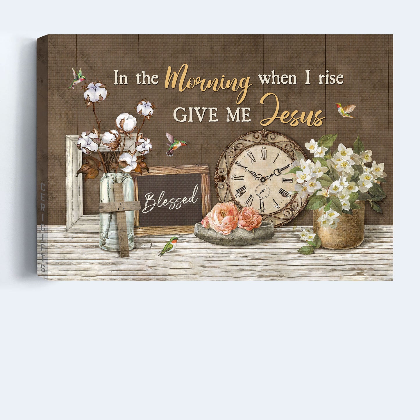 Jesus Landscape Canvas - Antique clock, Cotton flower, Jasmine Landscape Canvas - Gift For Christian - In the morning when I rise