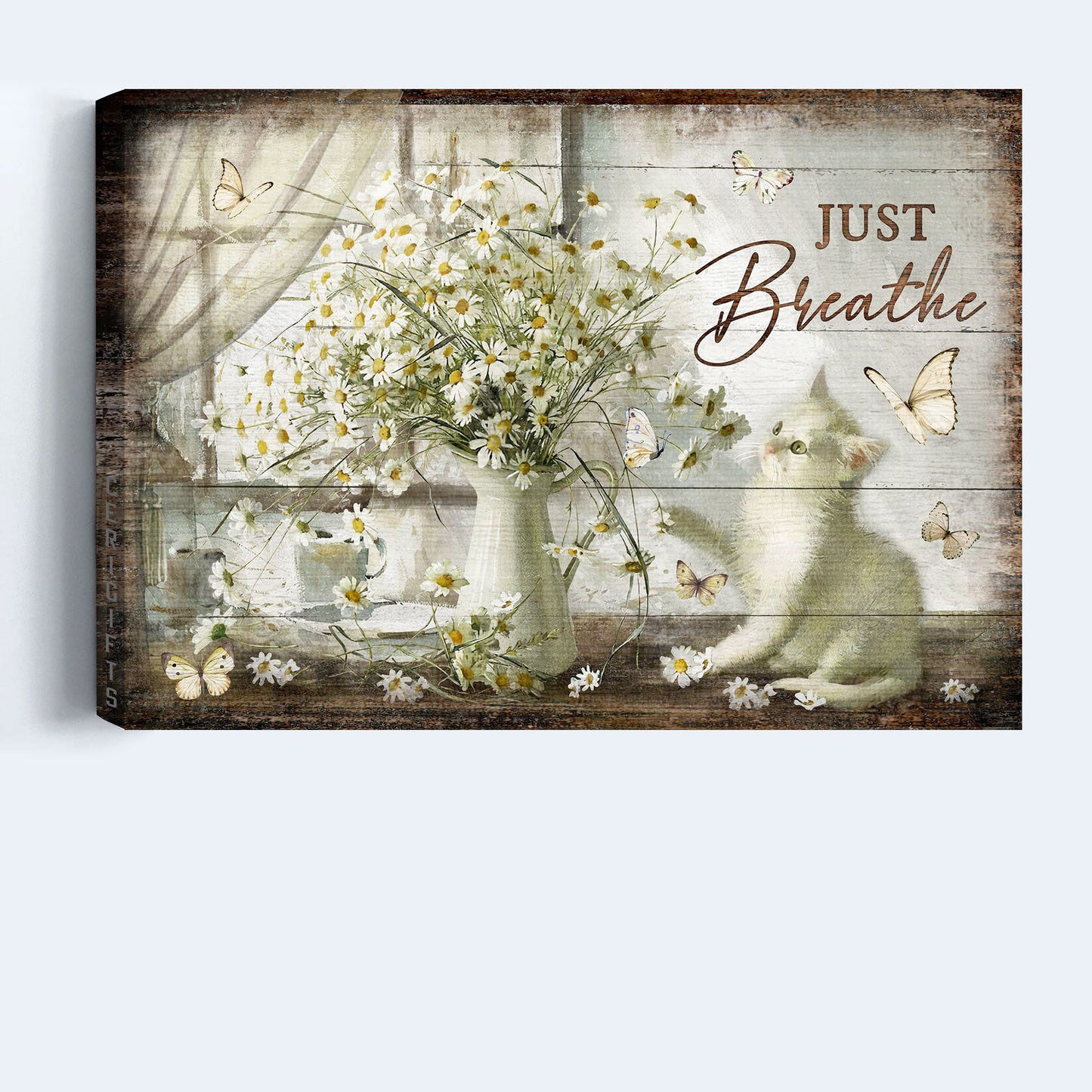Jesus And Cat Landscape Canvas - Vintage Flower Painting, Pretty Daisy Vase, Cute White Kitten Canvas - Gift For Christian, Cat Lovers - Just Breathe