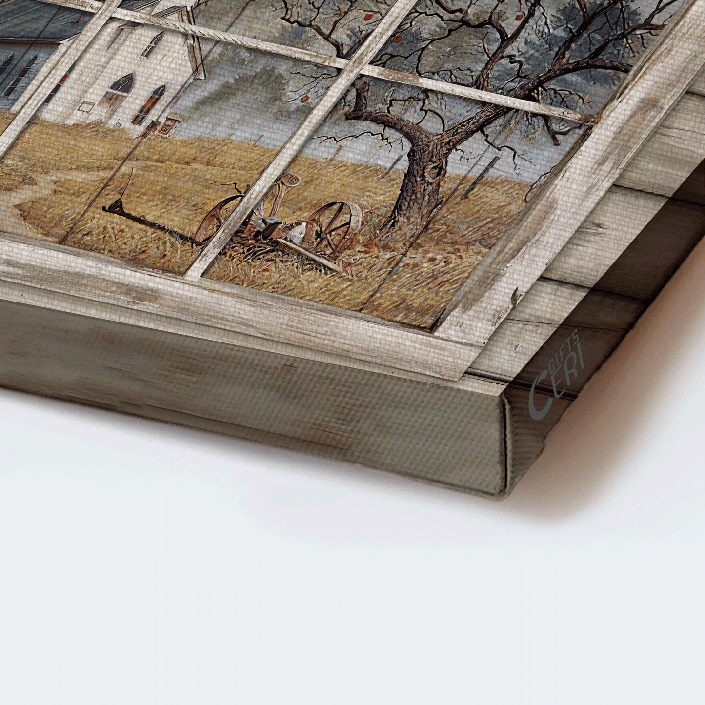 Jesus Landscape Canvas - Beautiful Church, Country Church Through Rustic Window, Yellow Meadow Landscape Canvas - Gift For Christian