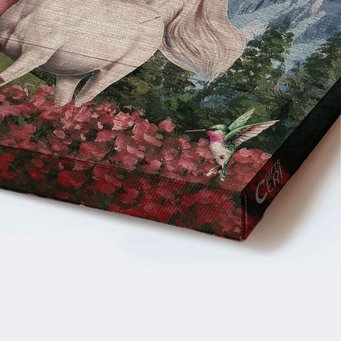 Jesus Landscape Canvas- Beautiful horses, Pink flower field, Hummingbird canvas- Gift for Christian- Faith can move mountains