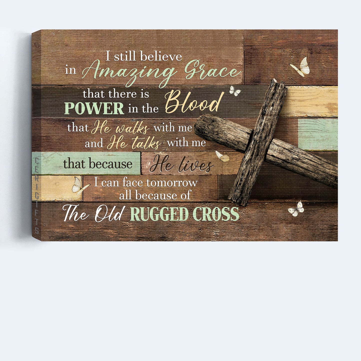 Jesus Landscape Canvas - Antique cross, Wooden background, Butterfly Landscape Canvas - Gift For Christian - I still believe in amazing grace