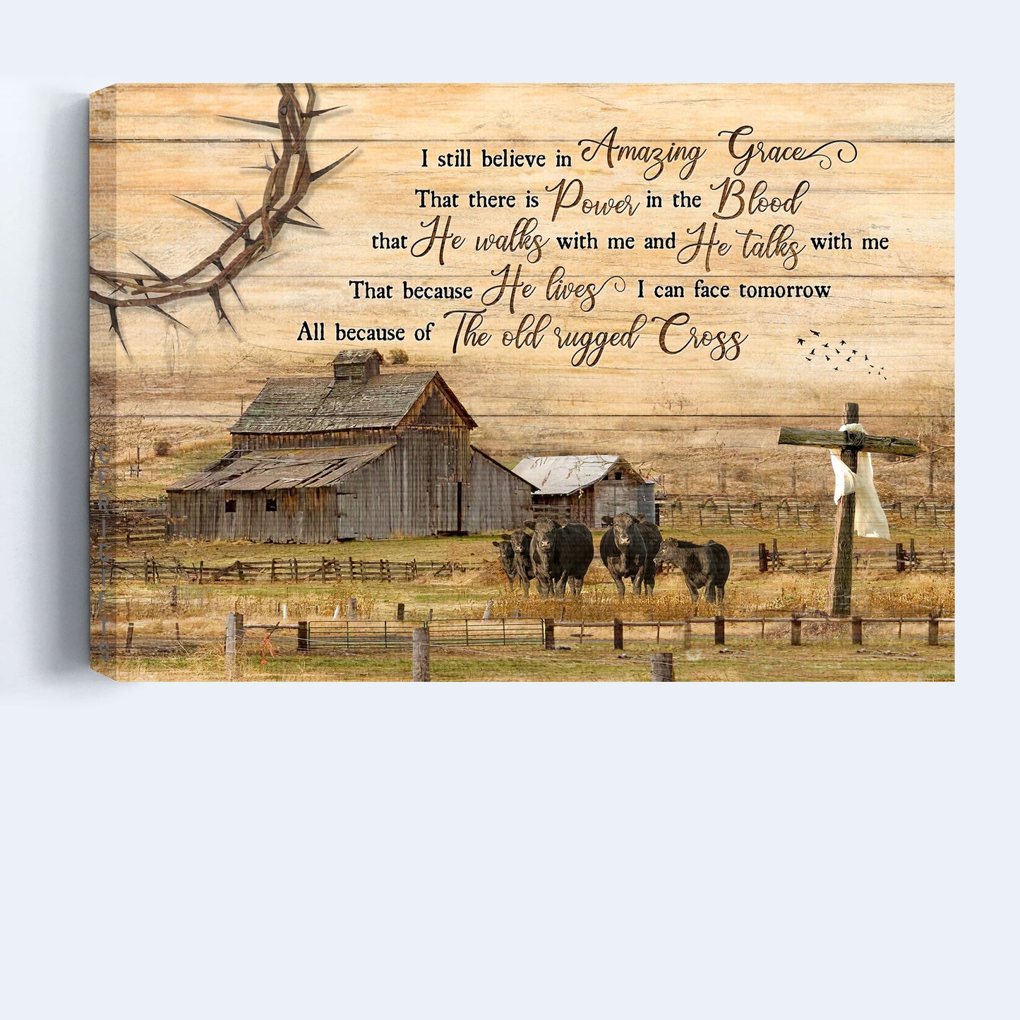 Jesus Landscape Canvas - Angus Cows With Country Tranquil Farm, Wooden Cross Landscape Canvas - Gift For Religious Christian - I still believe In Amazing Grace