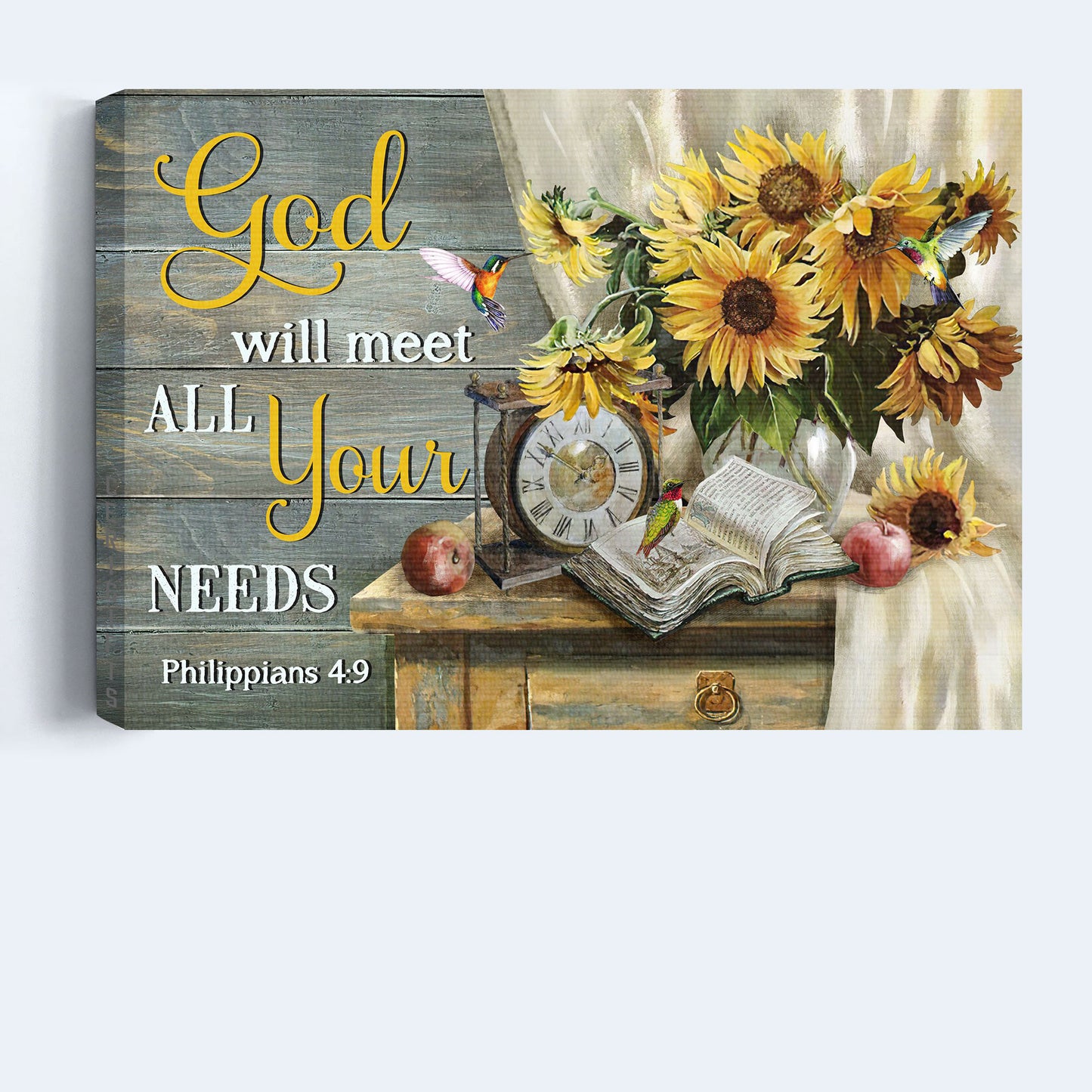 Jesus Landscape Canvas - Antique clock, Sunflower vase, Old bible Landscape Canvas - Gift For Christian - God will meet all your needs