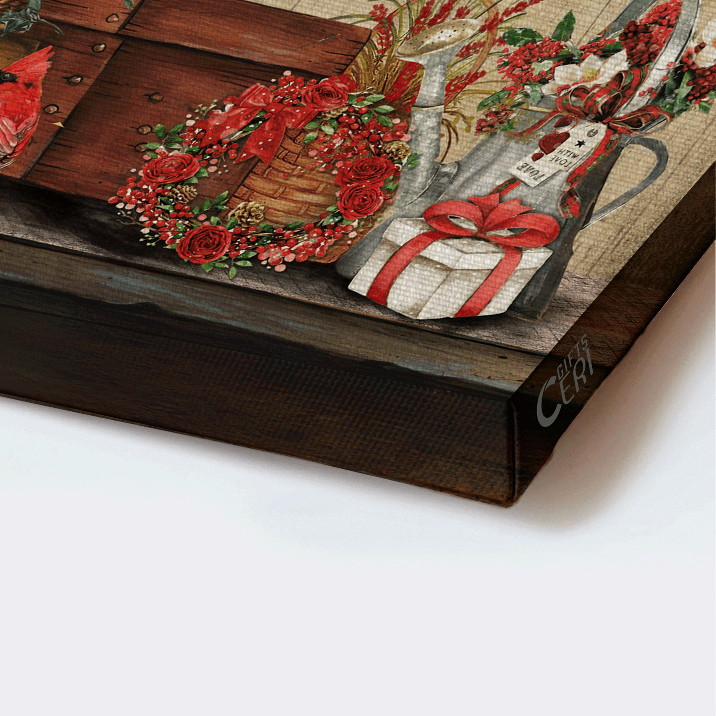 Jesus Landscape Canvas - Merry Christmas, Red Cardinal, Colorful Flower, Pretty Christmas Gift Box- Gift For Christian - God Bless The Food Before Us, The Family Beside Us & The Love Between Us