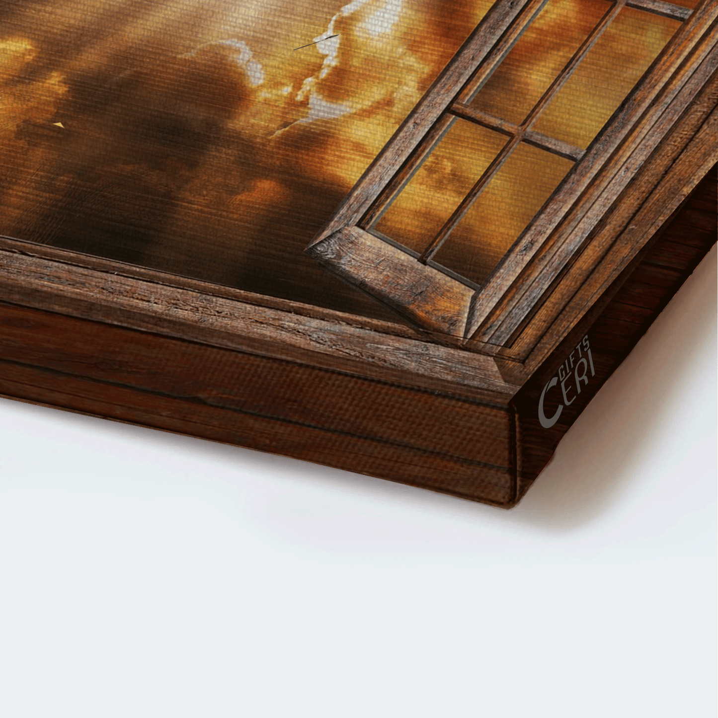 Jesus Landscape Canvas - Stunning Sunset, White Dove Drawing, Infinite Halo, Wooden Window Canvas - Gift For Christian