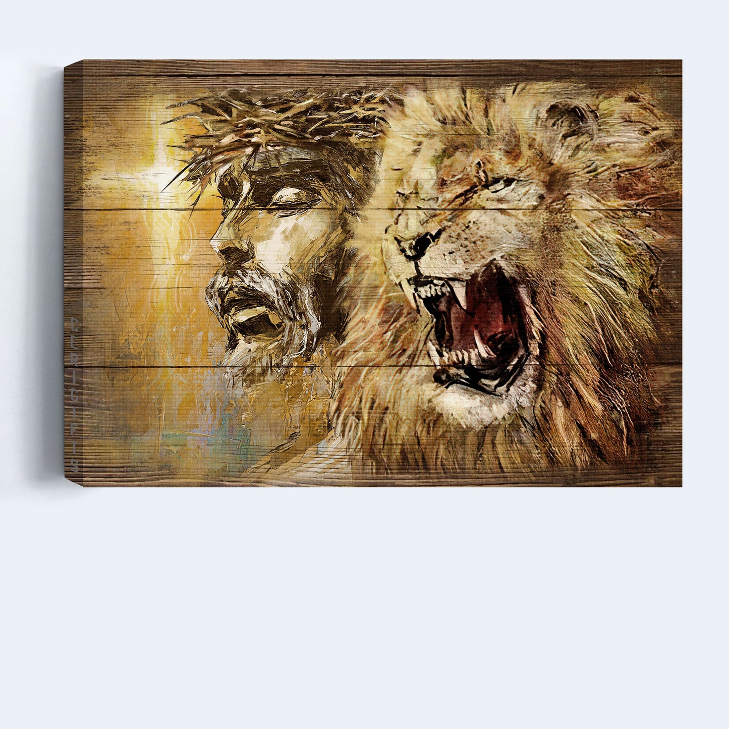Jesus Landscape Canvas - Angry lion, Stunning Jesus face, Yellow background Landscape Canvas - Gift For Religious Christian