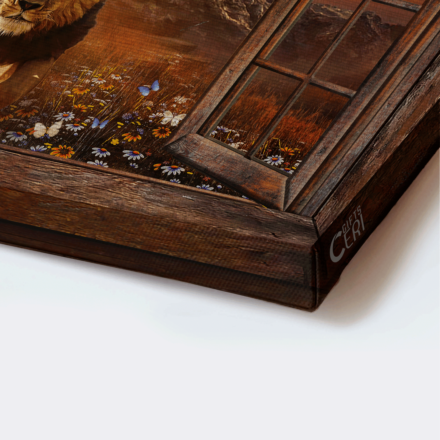 Jesus Landscape Canvas - Lion of Judah, Window frame, Sunset painting, The three crosses Landscape Canvas - Gift For Christian Landscape Canvas