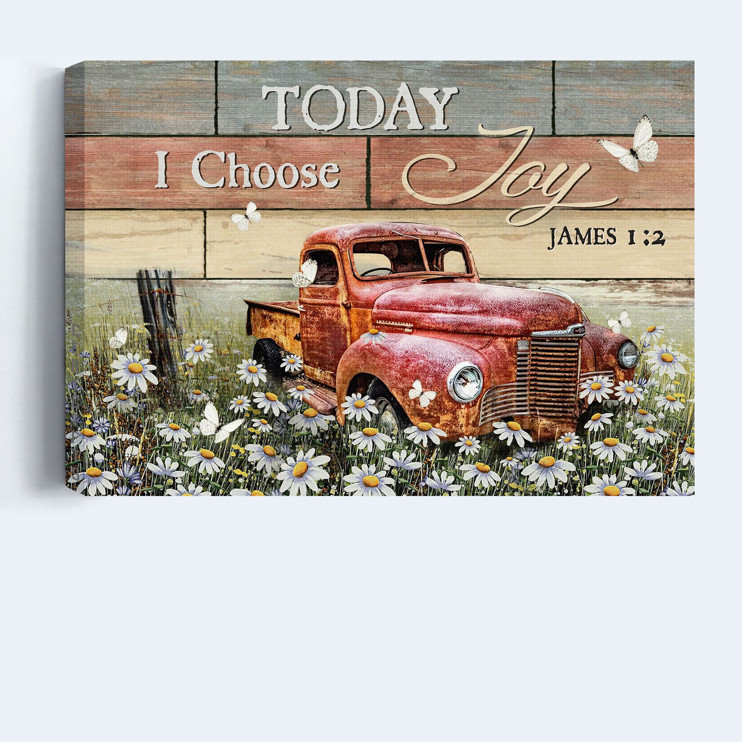 Jesus Landscape Canvas - Antique ladybug car, Daisy field, White butterfly Landscape Canvas - Gift For Christian - Today I choose joy