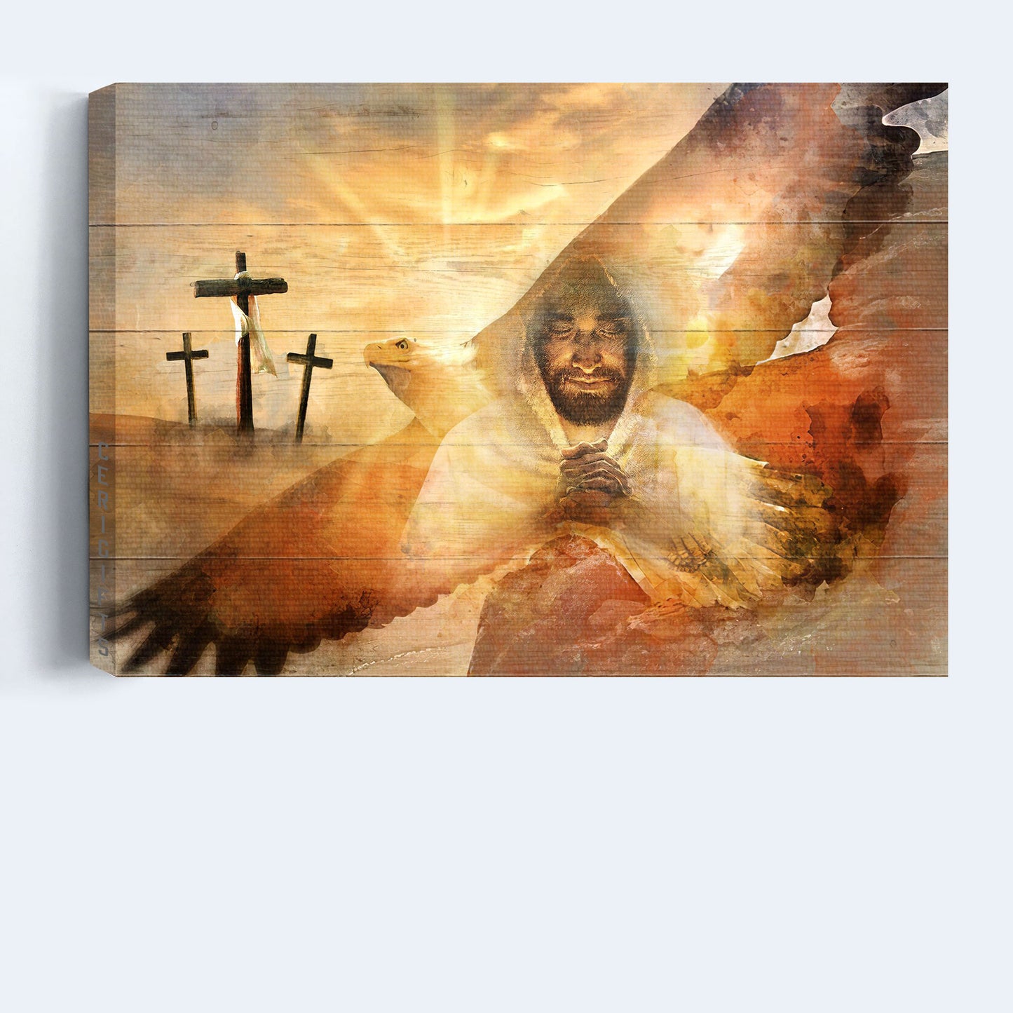 Jesus Landscape Canvas - Bald eagle, Three wooden crosses, The Lord's prayer Landscape Canvas - Inspirational gift, Gift For Religious Chiristian