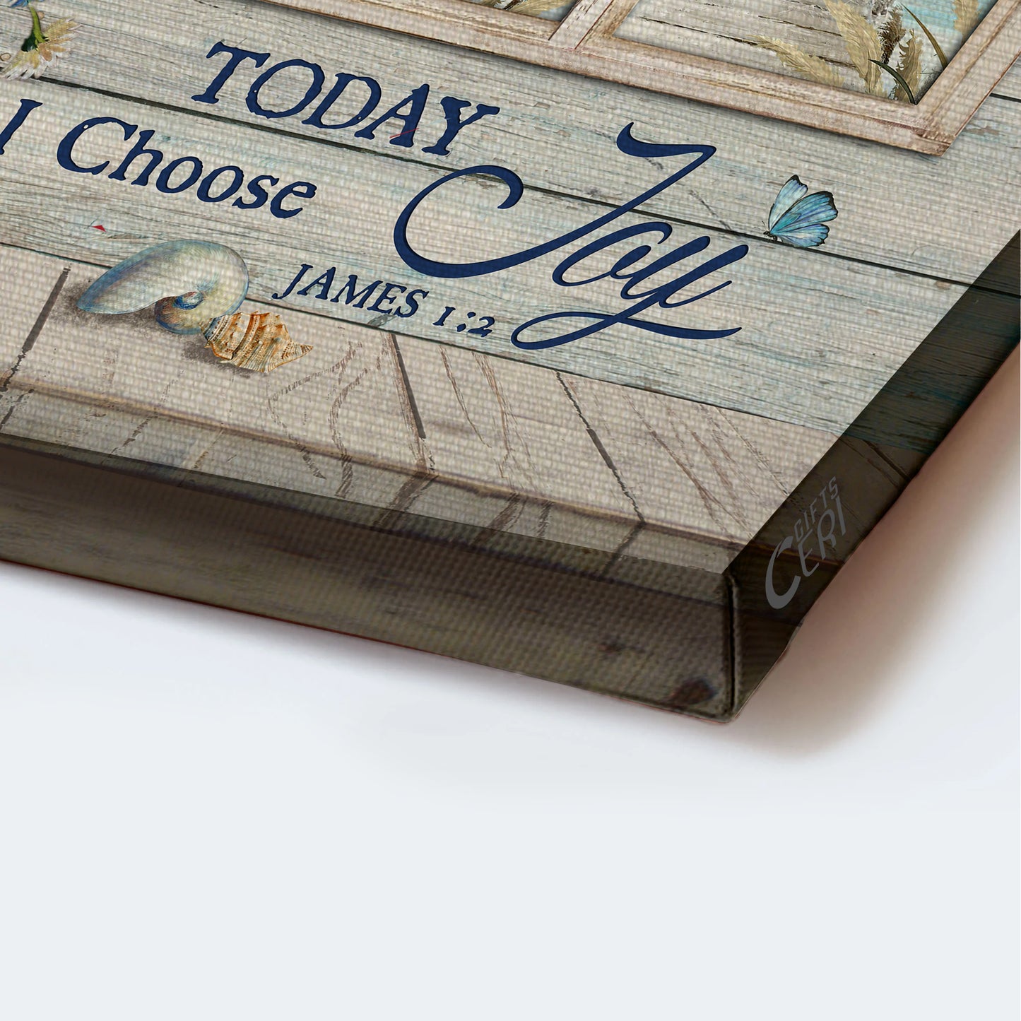 Jesus Landscape Canvas - Church By The Sea, Church Through Rustic Window, Window Frame, Blue Butterfly, Daisy Flower Landscape Canvas - Gift For Christian - Today I Choose Joy