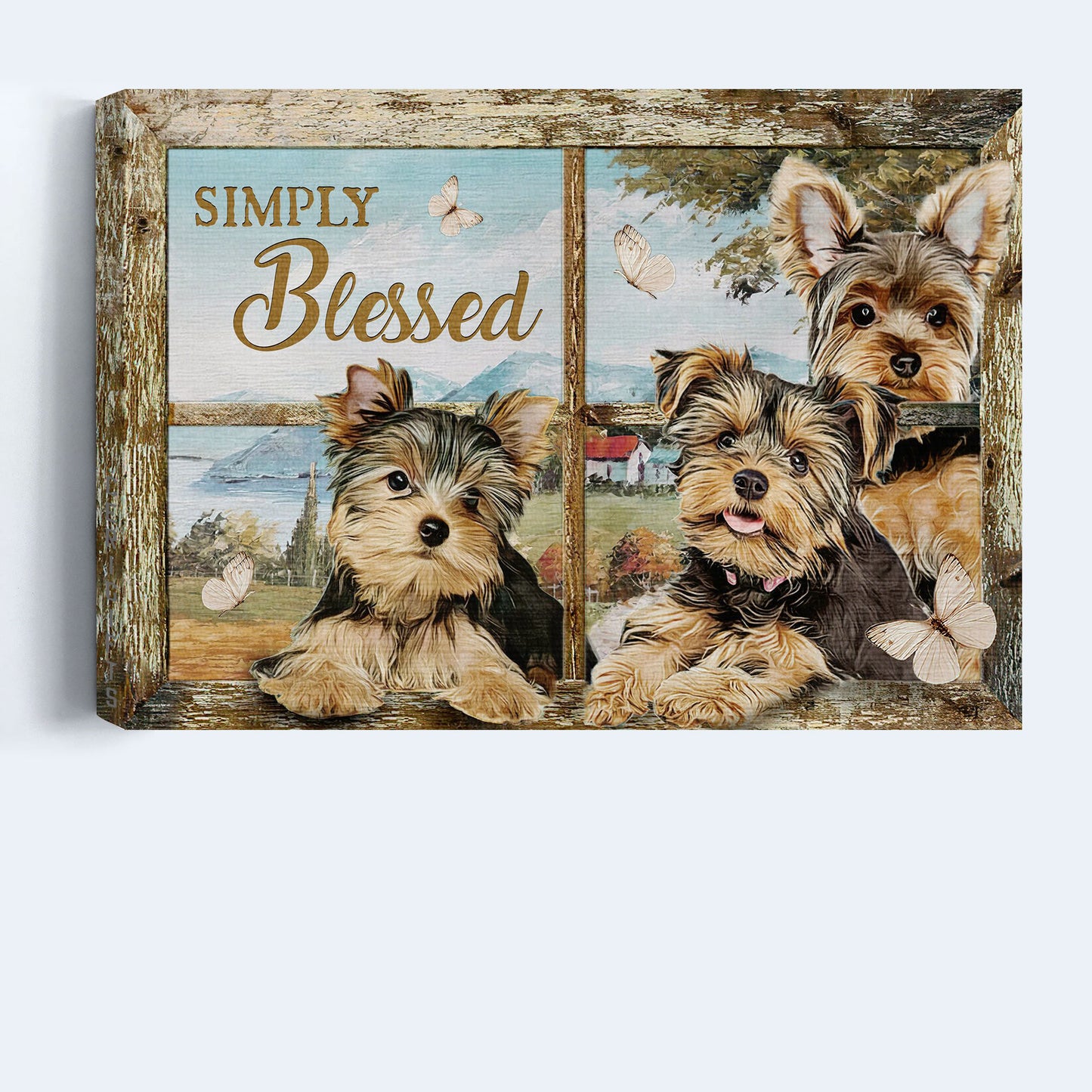 Jesus And Yorkshire Terrier Dog Landscape Canvas - Watercolor Yorkshire Terrier, White Butterfly Canvas - Gift For Christian, Dog Lovers - Simply Blessed