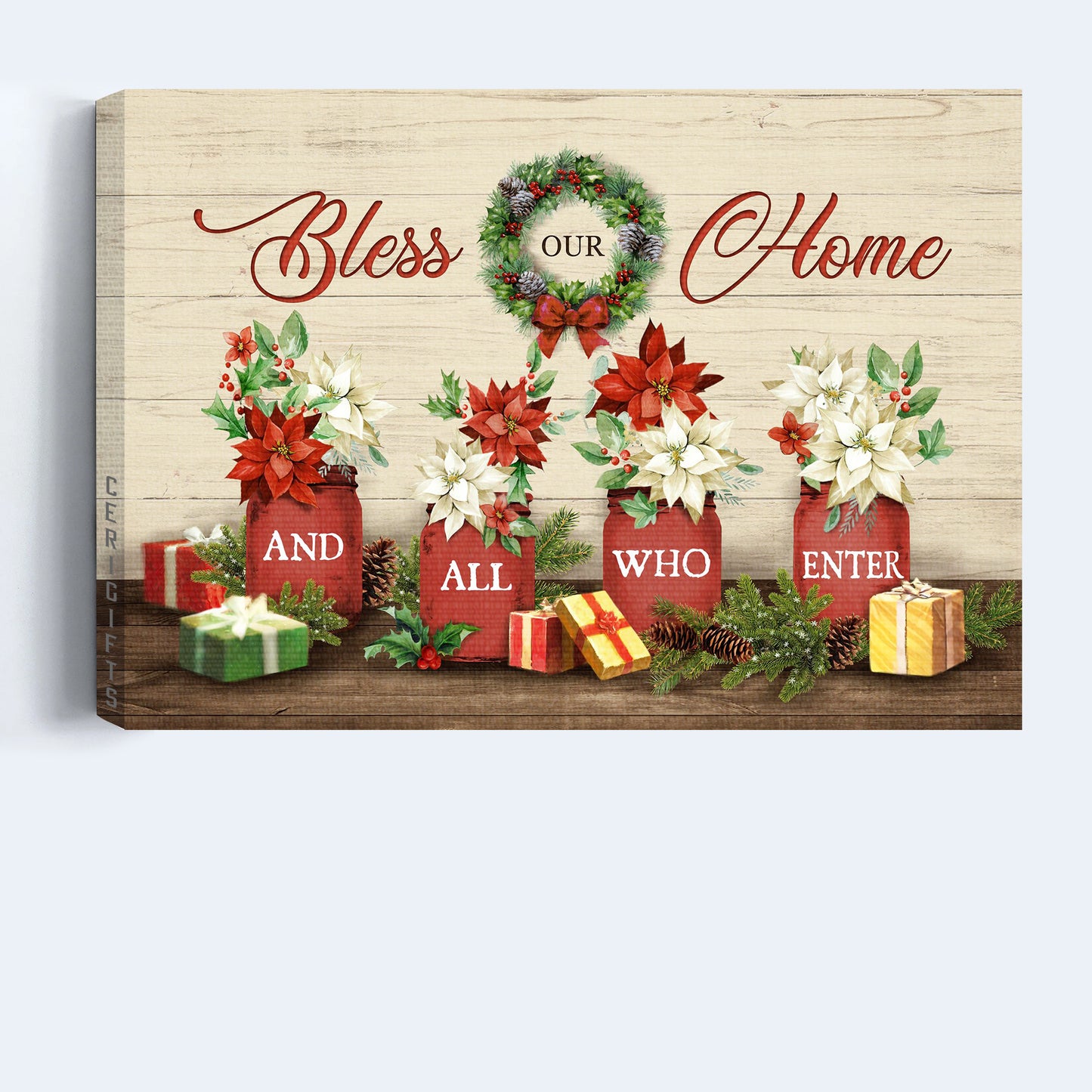 Jesus Landscape Canvas - Christmas Painting, Flower Laurel Wreath, Colorful Christmas Gift Box Landscape Canvas - Gift For Christian - Bless Our Home And All Who Enter