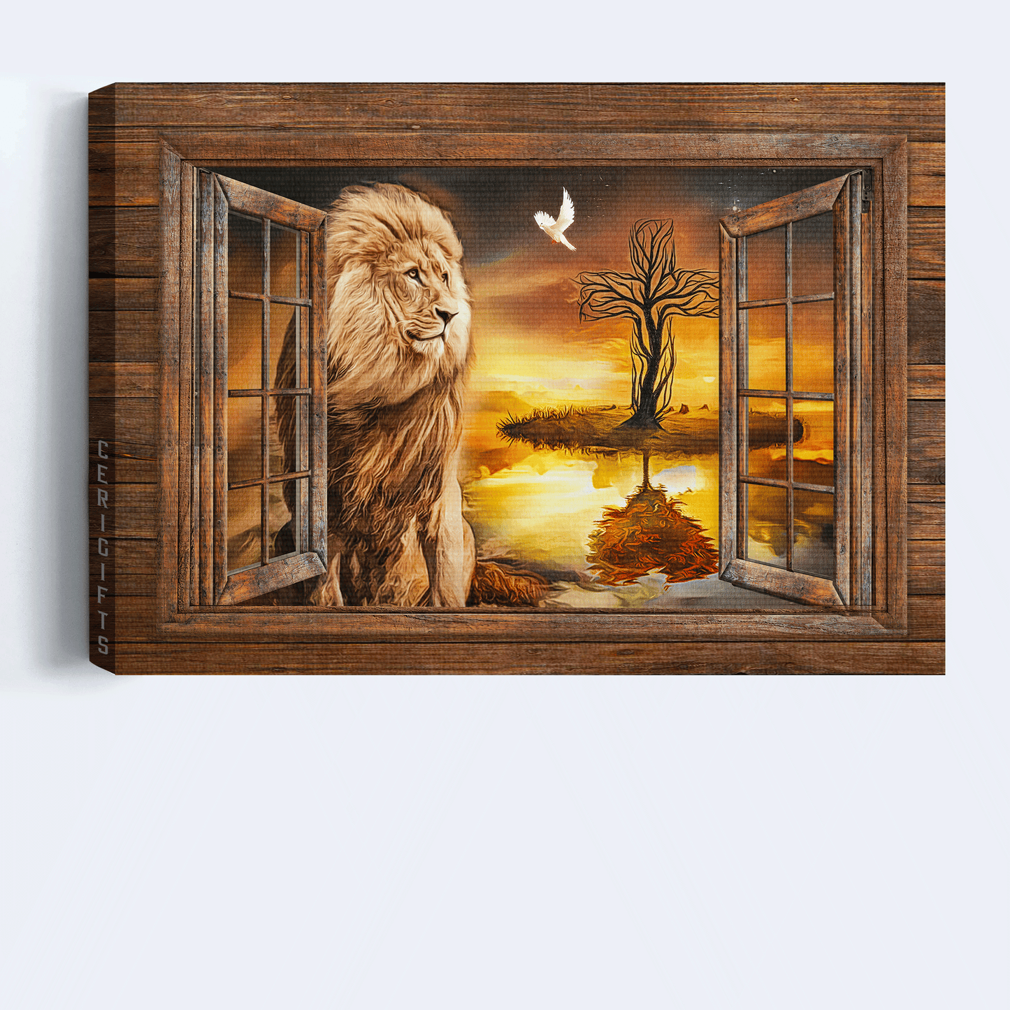 Jesus Landscape Canvas - Lion of Judah, The beautiful sunset, Window frame, Lion and the dove Landscape Canvas - Gift For Christian Landscape Canvas