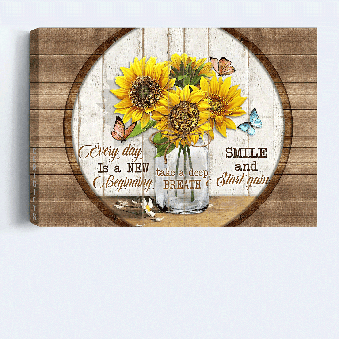 Jesus Landscape Canvas -Big sunflower, Pink butterfly, Wooden circle Landscape Canvas - Gift For Christian - Every day is a new beginning Landscape Canvas