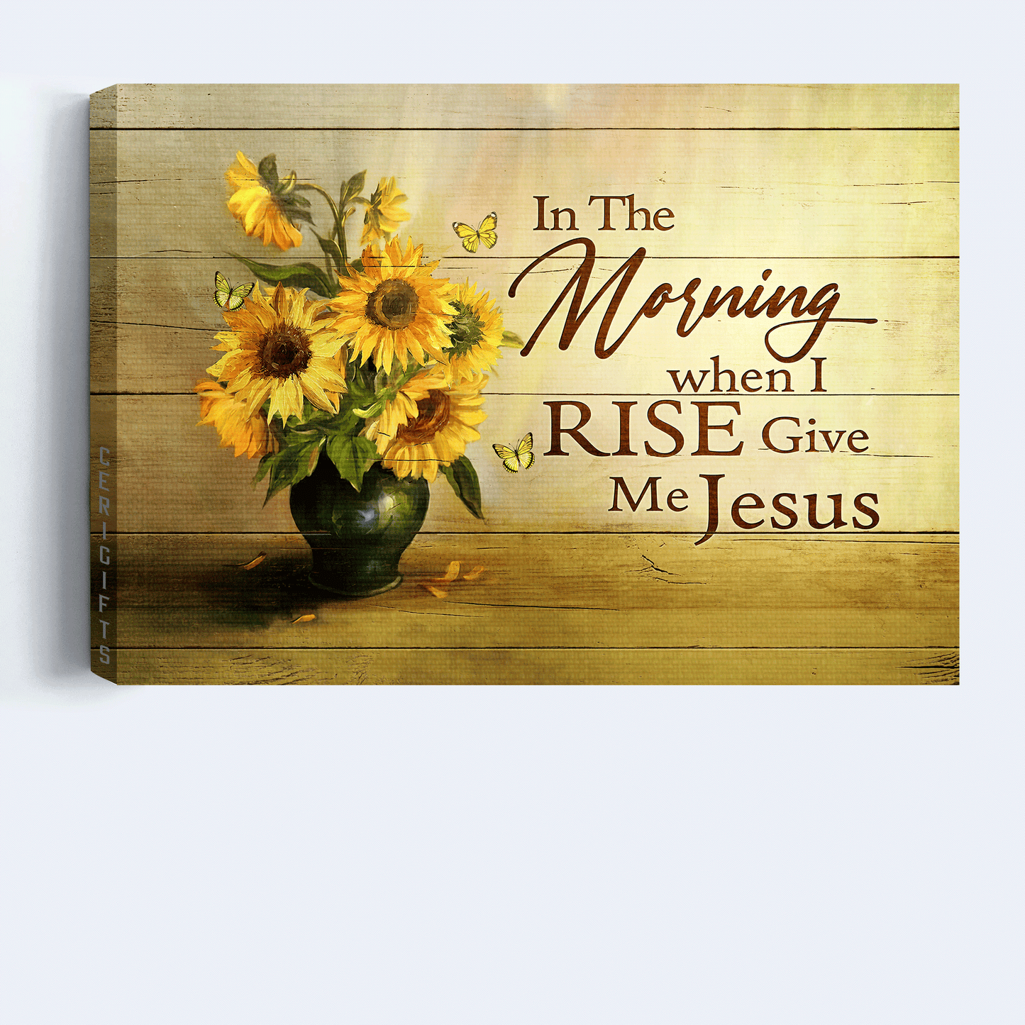 Jesus Landscape Canvas - Sunflower Drawing, Happy Sunlight, Butterfly Canvas - Gift For Christian - In The Morning When I Rise Give Me Jesus Canvas