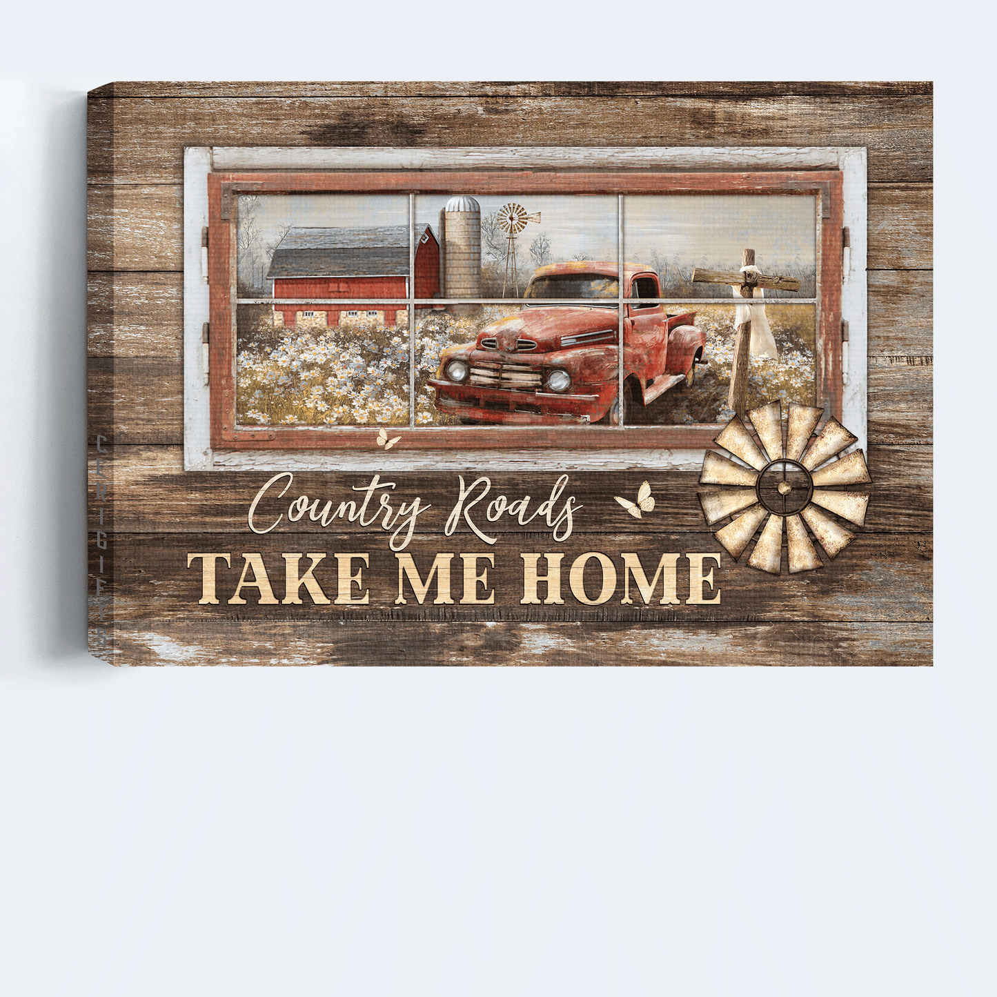 Jesus Landscape Canvas - Old red truck, Wooden cross, Tranquil flower field Landscape Canvas - Gift For Christian - Country roads take me home Landscape Canvas