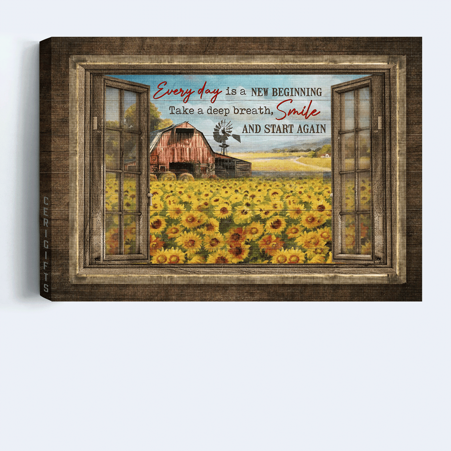 Jesus Landscape Canvas - Sunflower Field, Red Barn, Window Frame Canvas - Every Day Is A New Beginning Canvas