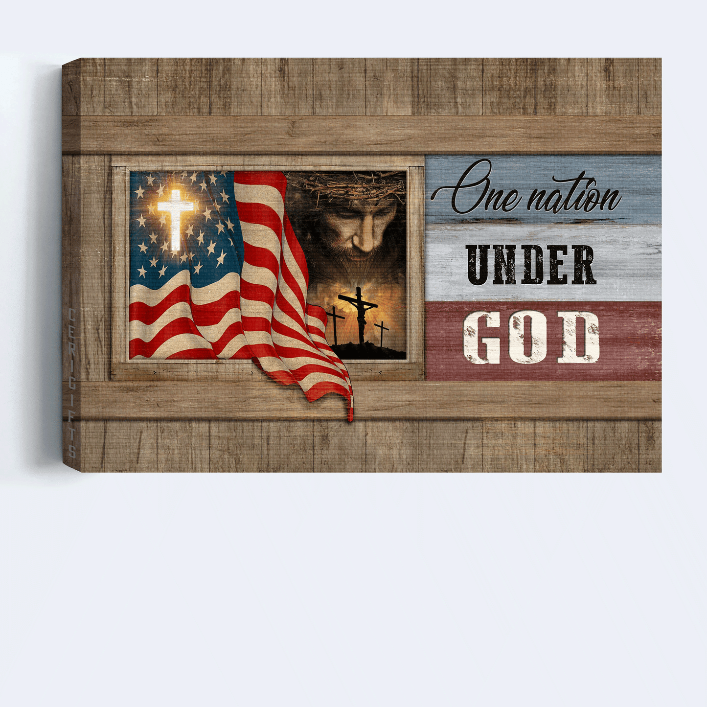 Jesus Landscape Canvas - Beautiful Us Flag, Face Of Jesus, Window Painting Landscape Canvas - Gift For Christian - One Nation Under God