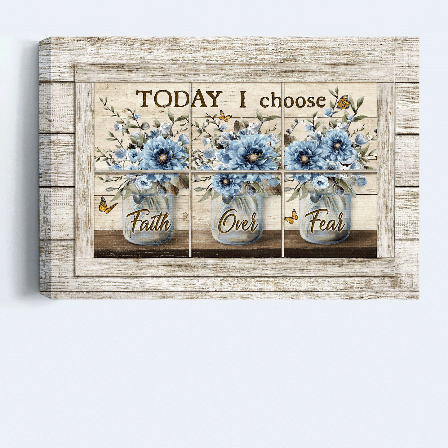 Jesus Landscape Canvas - Blue flower, Monarch butterfly, Vintage window Landscape Canvas - Gift For Christian - Today I choose faith over fear Landscape Canvas