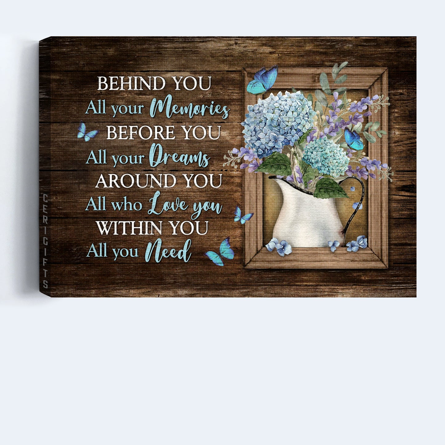 Jesus Landscape Canvas - Blue hydrangea, Flower vase, Blue butterfly Landscape Canvas - Gift For Christian - Behind you, All your memories Landscape Canvas