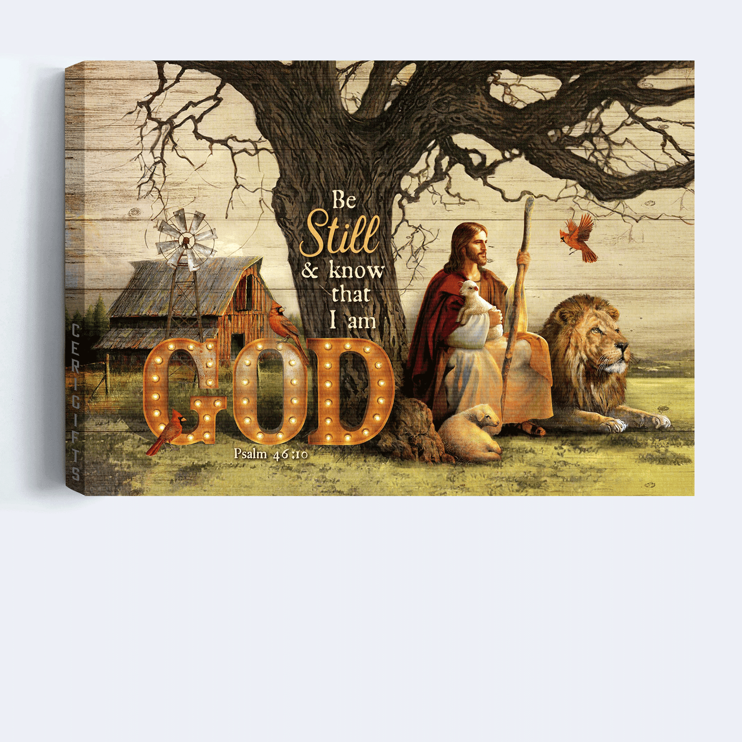 Jesus Landscape Canvas - Lion of Judah, Lamb of God, Red cardinal Canvas - Gift for Christian - Be still and know that I am God Landscape Canvas