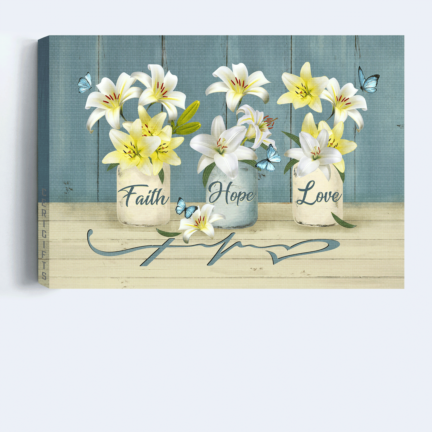 Jesus Landscape Canvas - White Lily Drawing, Blue Butterfly Canvas - Gift For Christian - Faith Hope Love Canvas