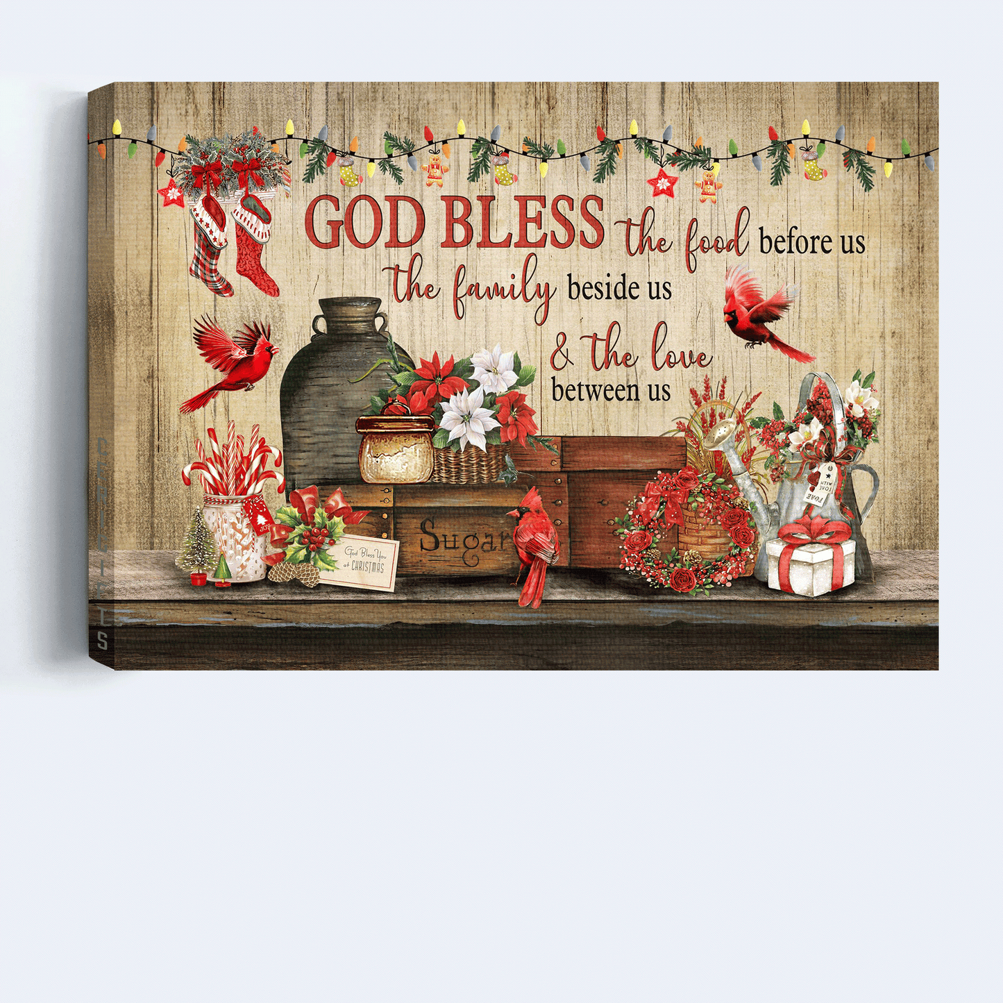 Jesus Landscape Canvas - Merry Christmas, Red Cardinal, Colorful Flower, Pretty Christmas Gift Box- Gift For Christian - God Bless The Food Before Us, The Family Beside Us & The Love Between Us