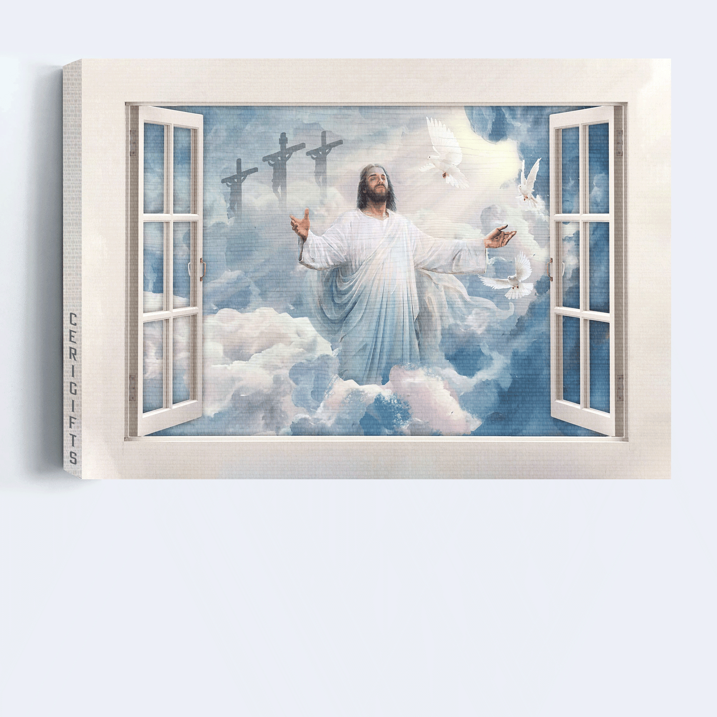 Jesus Landscape Canvas- Beautiful heaven, Jesus painting, Holy spirit dove, White windows, Jesus in heaven canvas- Gift for Christian