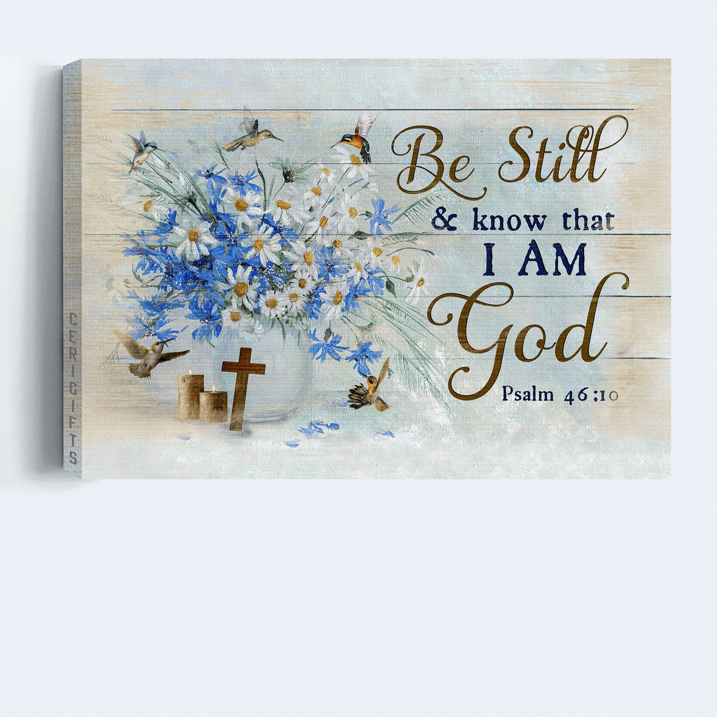 Jesus Landscape Canvas - Watercolor Daisy, Blue Flower, Hummingbird, Flower Vase Canvas - Gift For Christian - Be Still And Know That I Am God Canvas