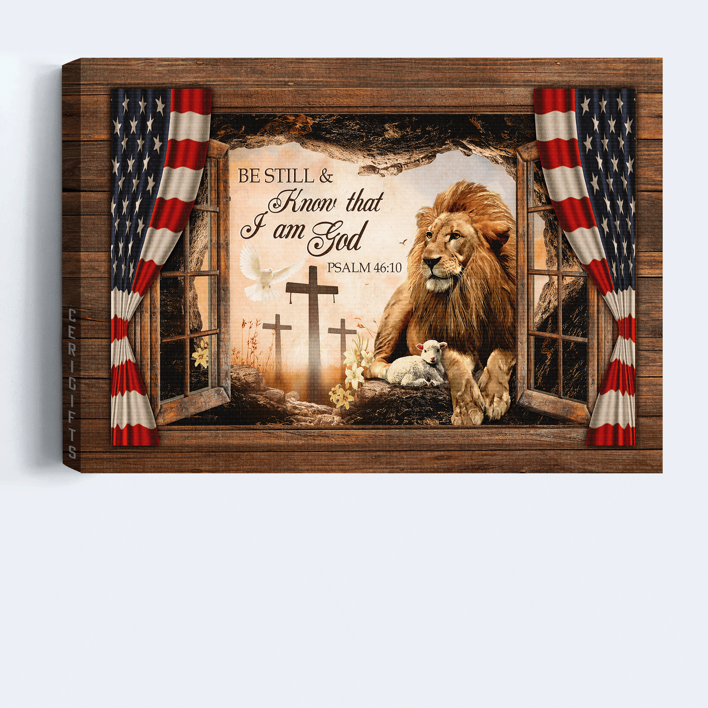 Jesus Landscape Canvas - Lion of Judah, Lamb of God, The US flag Canvas - Gift for Christian - Be still and know that I am God Landscape Canvas