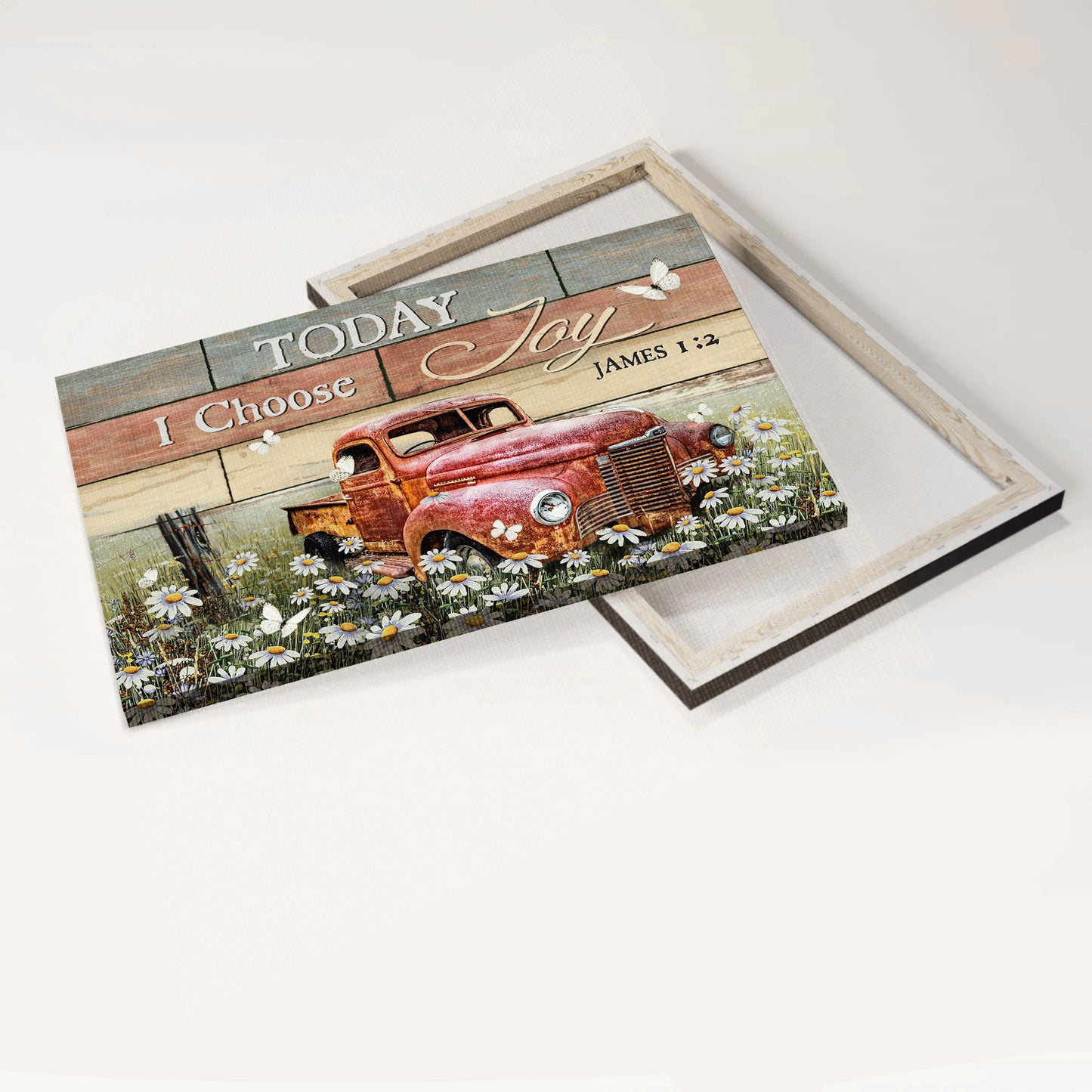 Jesus Landscape Canvas - Antique ladybug car, Daisy field, White butterfly Landscape Canvas - Gift For Christian - Today I choose joy