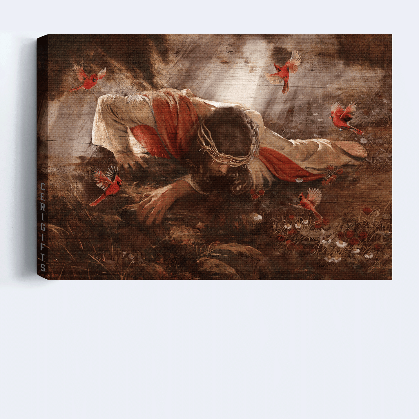 Jesus Landscape Canvas - Red cardinal, Jesus painting, Daisy flower, Crown of thorns, In the darkness Landscape Canvas - Gift For Christian Canvas Prints, Christian Wall Art
