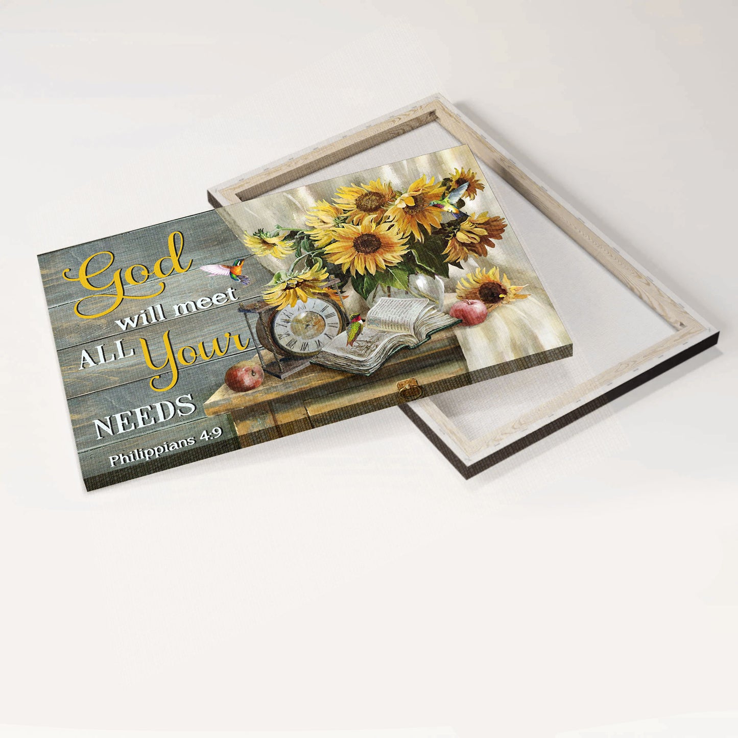 Jesus Landscape Canvas - Antique clock, Sunflower vase, Old bible Landscape Canvas - Gift For Christian - God will meet all your needs