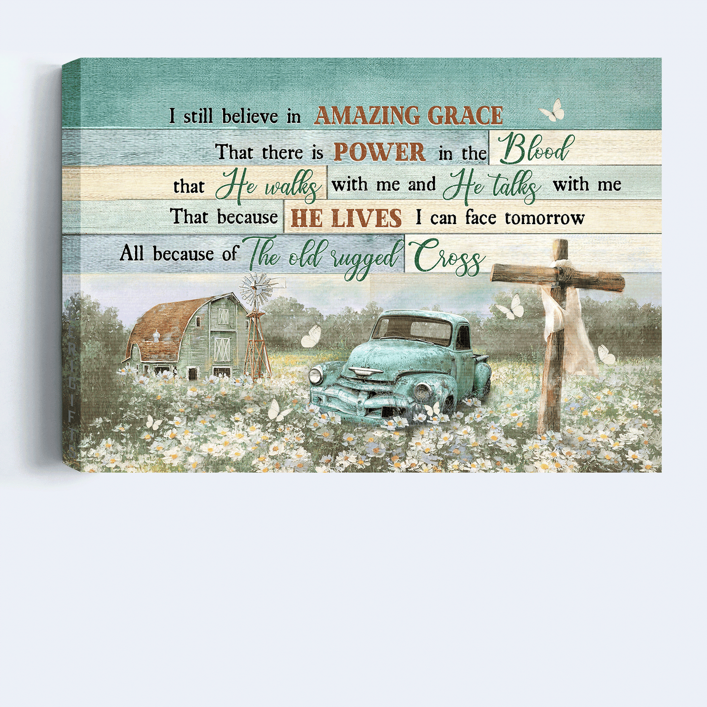 Jesus Landscape Canvas - Old car, Flower field, Wooden Cross Landscape Canvas - Gift For Christian - I still believe in amazing grace Landscape Canvas