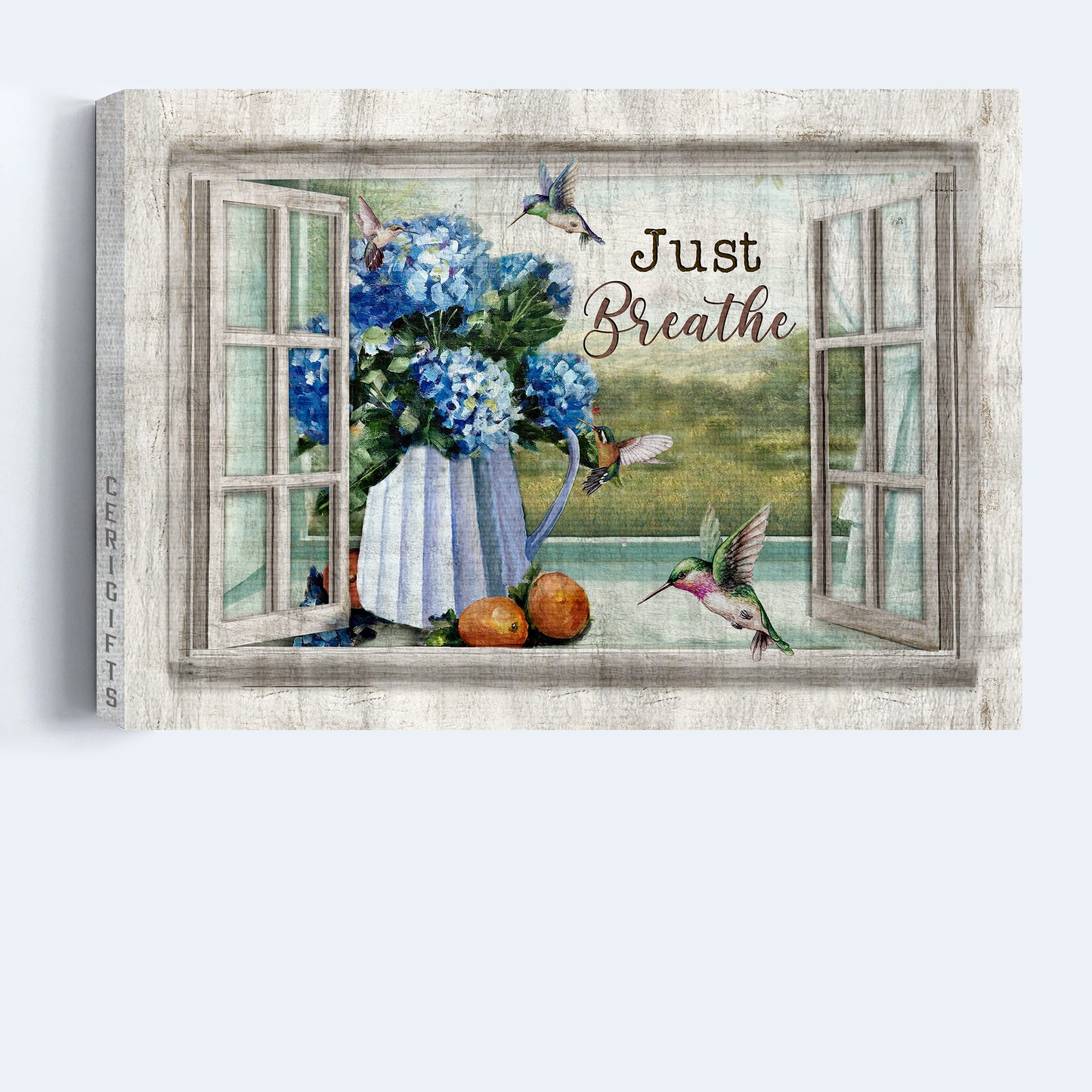 Jesus Landscape Canvas - Blue Hydrangea, Beautiful Hummingbird, Window Landscape Canvas - Gift For Christian - Just Breathe Landscape Canvas