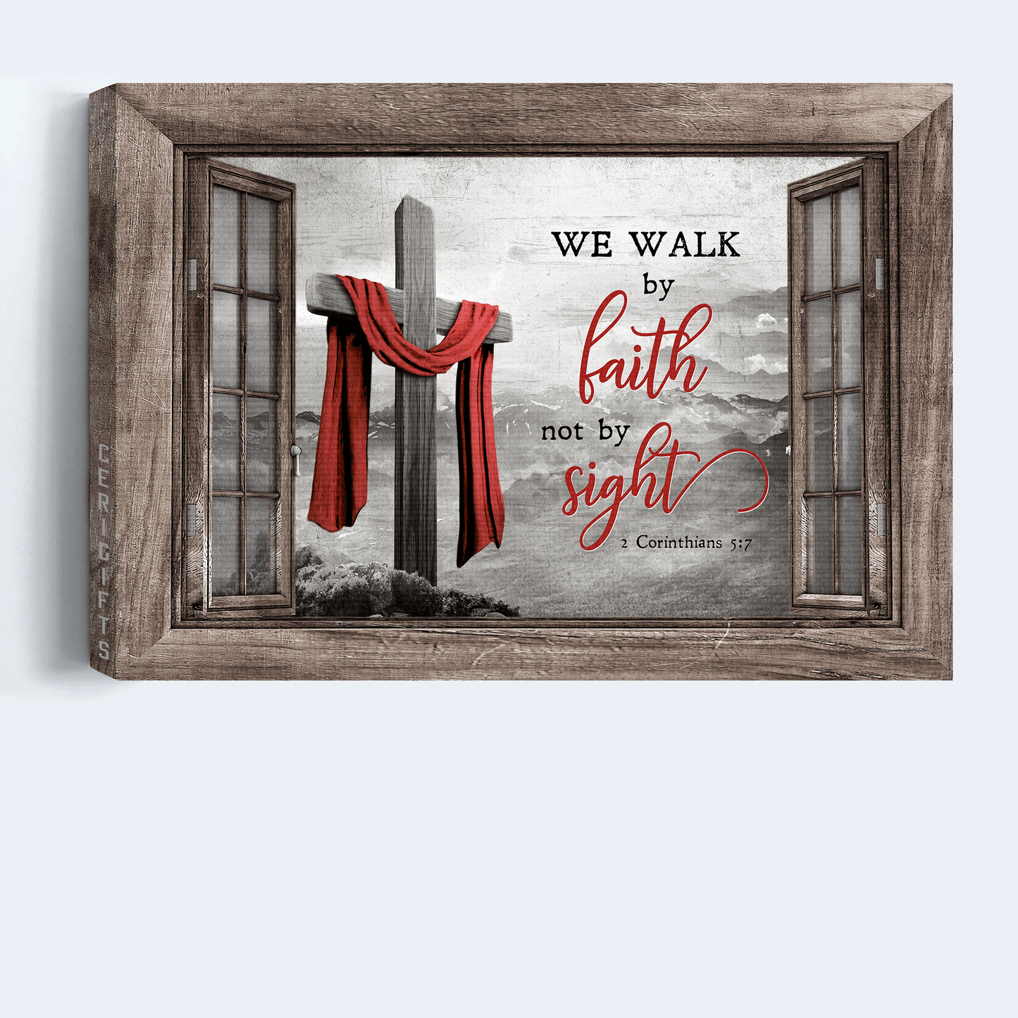 Jesus Landscape Canvas- Black and white painting, The wooden cross, Red cloth- Gift for Christian- We walk by faith, not by sight - Landscape Canvas Prints, Wall Art