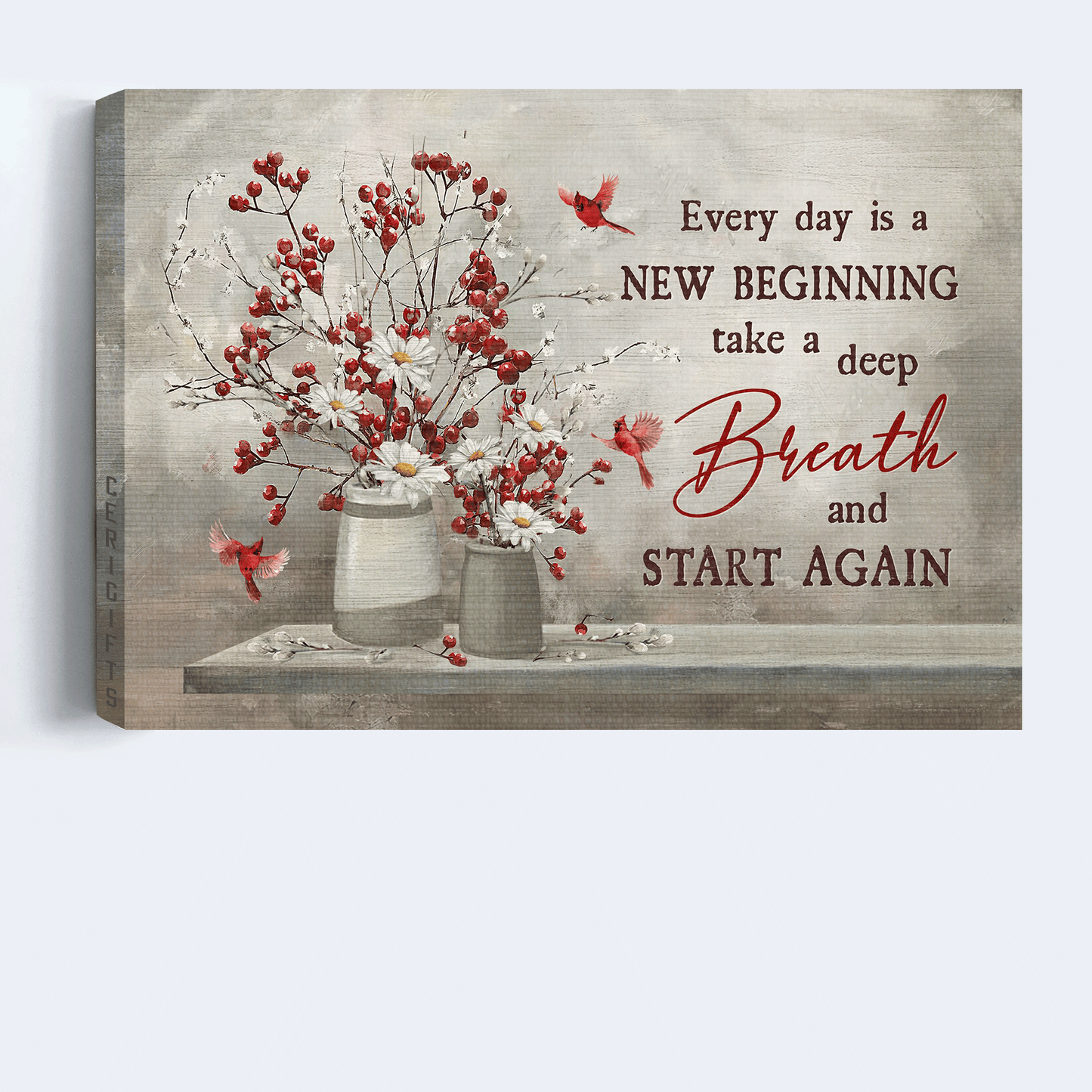 Jesus Landscape Canvas - Red cranberry, Daisy flower, Cardinal, Every day is a new beginning Landscape Canvas - Gift For Christian Canvas Prints, Christian Wall Art