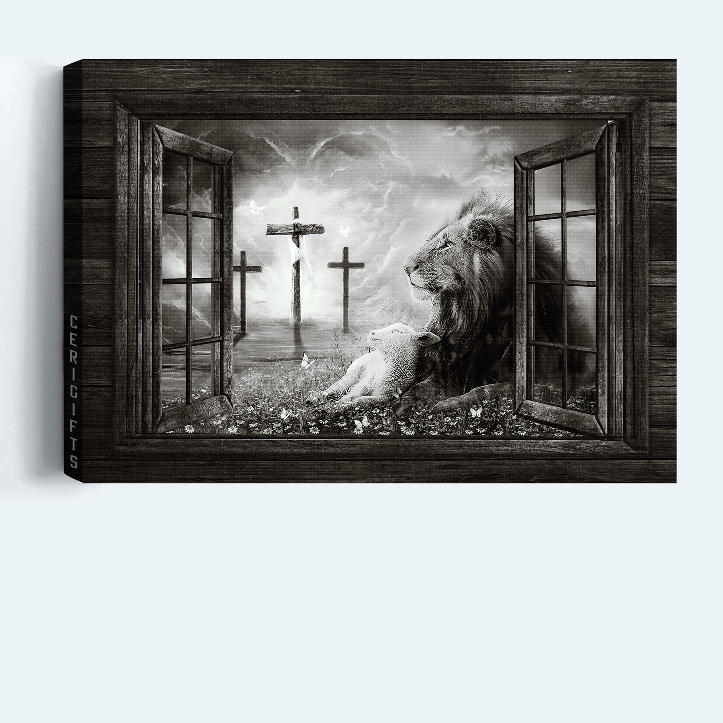 Jesus Landscape Canvas- Black and White Lion of Judah, Lamb of God, Three rugged crosses- Gift for Christian- On a peaceful day - Landscape Canvas Prints, Wall Art
