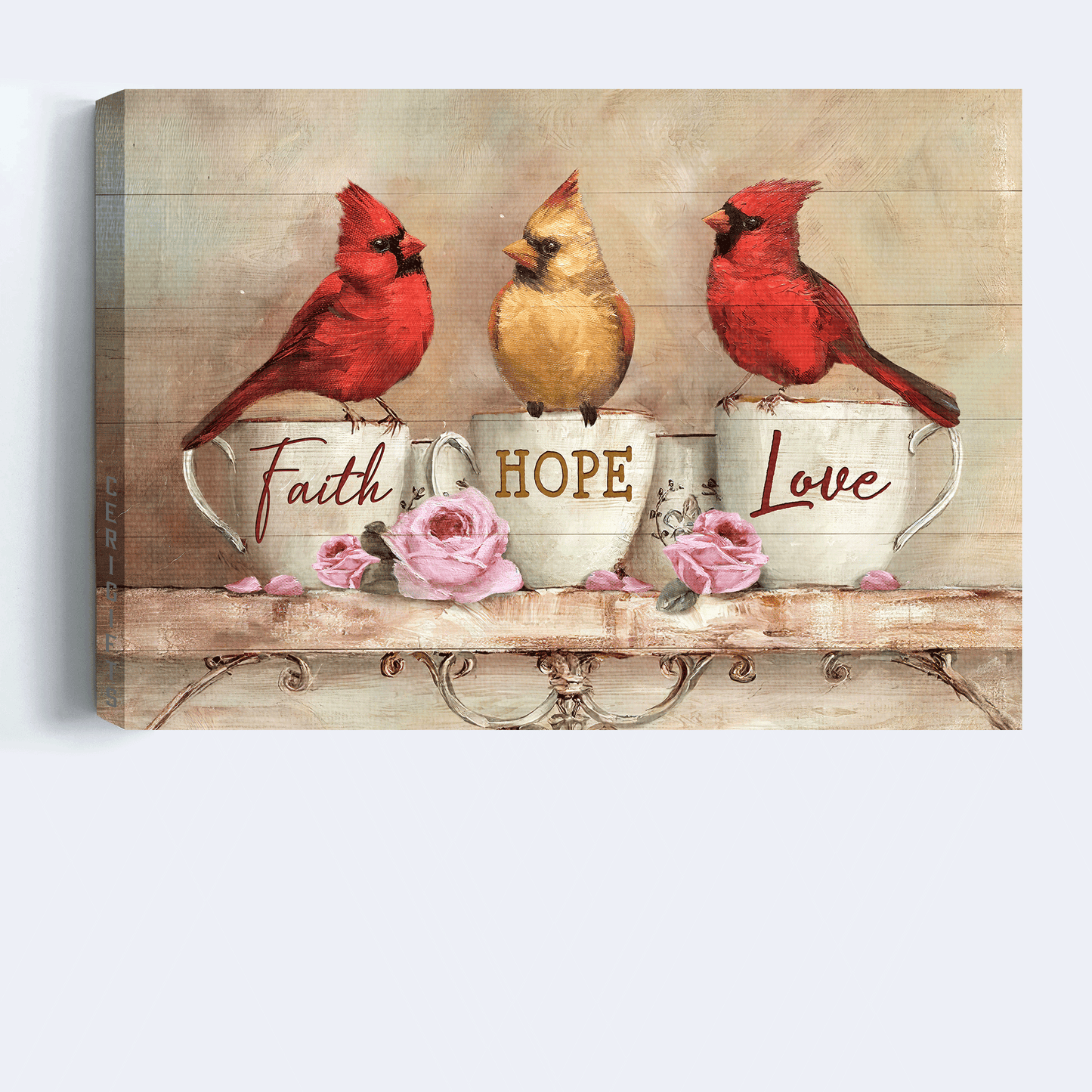 Jesus Landscape Canvas - Little cardinal, Vintage cup, Pink rose Landscape Canvas - Gift For Christian - Faith Hope Love Landscape Canvas