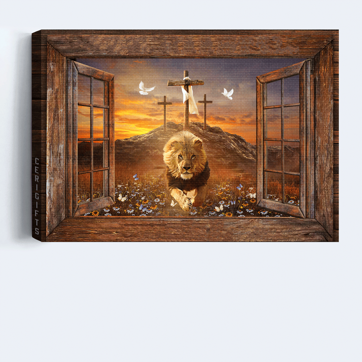 Jesus Landscape Canvas - Lion of Judah, Window frame, Sunset painting, The three crosses Landscape Canvas - Gift For Christian Landscape Canvas