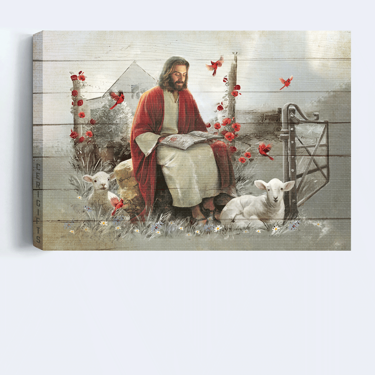 Jesus Landscape Canvas - Lamb of God, Red cardinal, Rustic garden God Landscape Canvas - Inspirational gift, Gift For Religious Christian