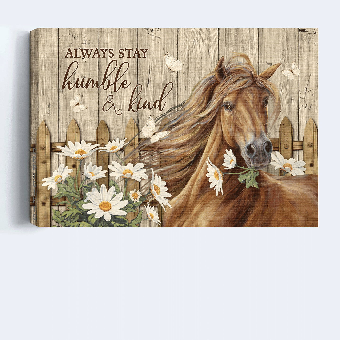 Jesus Landscape Canvas - Stunning Horse, Daisy Garden, Wooden Fence Canvas - Gift For Christian - Always Stay Humble And Kind Canvas