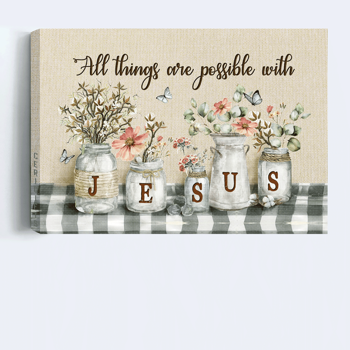 Jesus Landscape Canvas - Pretty cotton flower jar, Lovely blue butterfly Canvas - Gift for Christian - All things are possible with Jesus Landscape Canvas Prints, Christian Wall Art