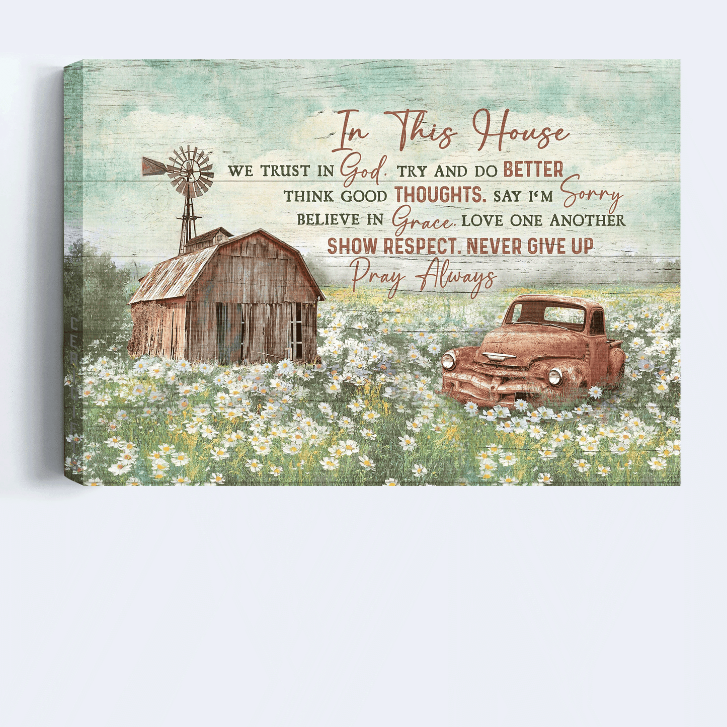 Jesus Landscape Canvas - Old barn painting, Daisy field Landscape Canvas - Gift For Christian - In this house we trust in God Landscape Canvas