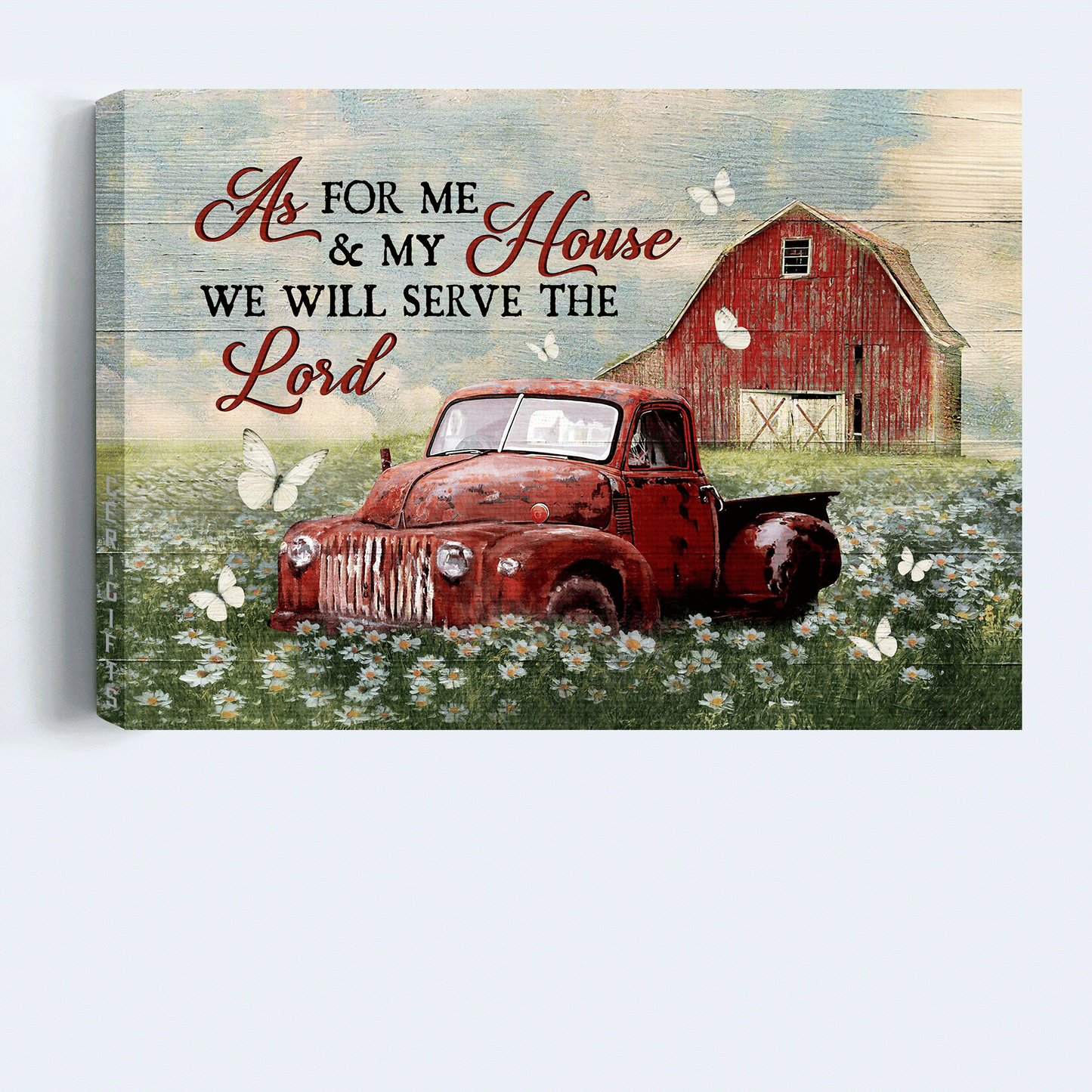 Jesus Landscape Canvas - Stunning Daisy Field, Old Red Truck, White Butterfly Canvas - Gift For Christian - We Will Serve The Lord Canvas