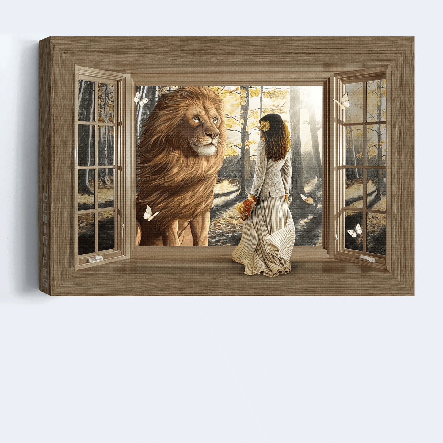 Jesus Landscape Canvas - Beautiful lion, Wooden window, Pretty girl, Sunny day Landscape Canvas - Gift For Christian