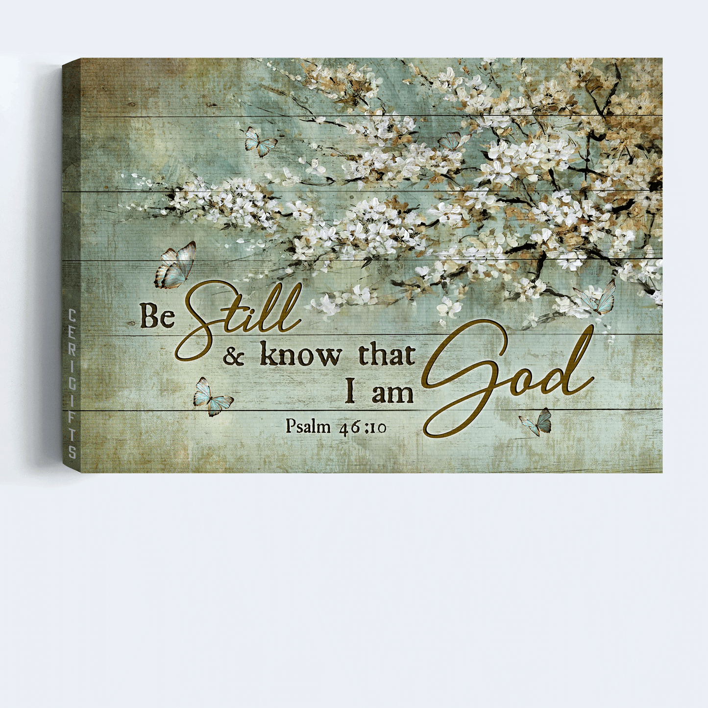 Jesus Landscape Canvas -Blue butterfly, Vintage painting, White flowers Landscape Canvas - Gift For Christian - Be still and know that I am God Landscape Canvas